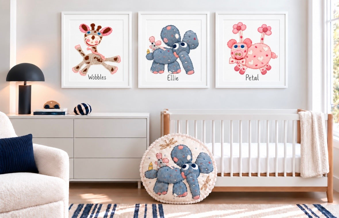 Art Prints.....Wobbles the Giraffe, Ellie the Elephant & Petal the Piggy