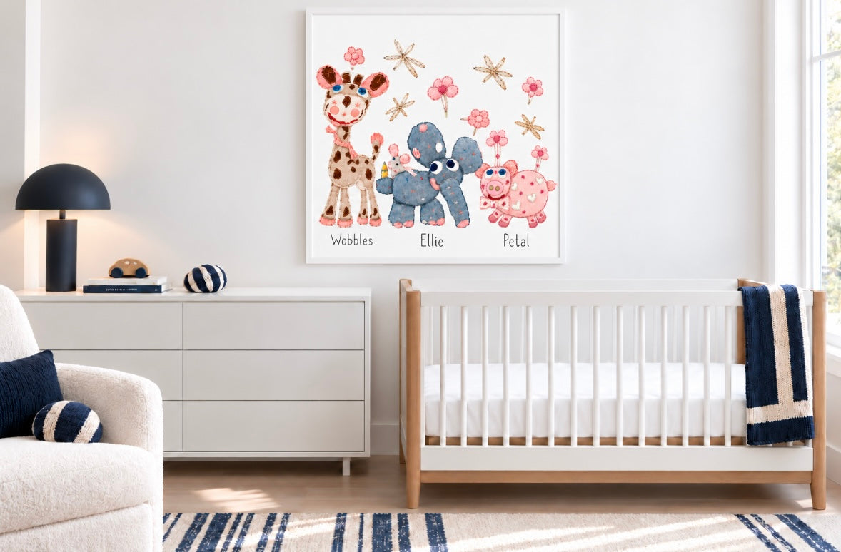 Art Prints.....Wobbles the Giraffe, Ellie the Elephant & Petal the Piggy